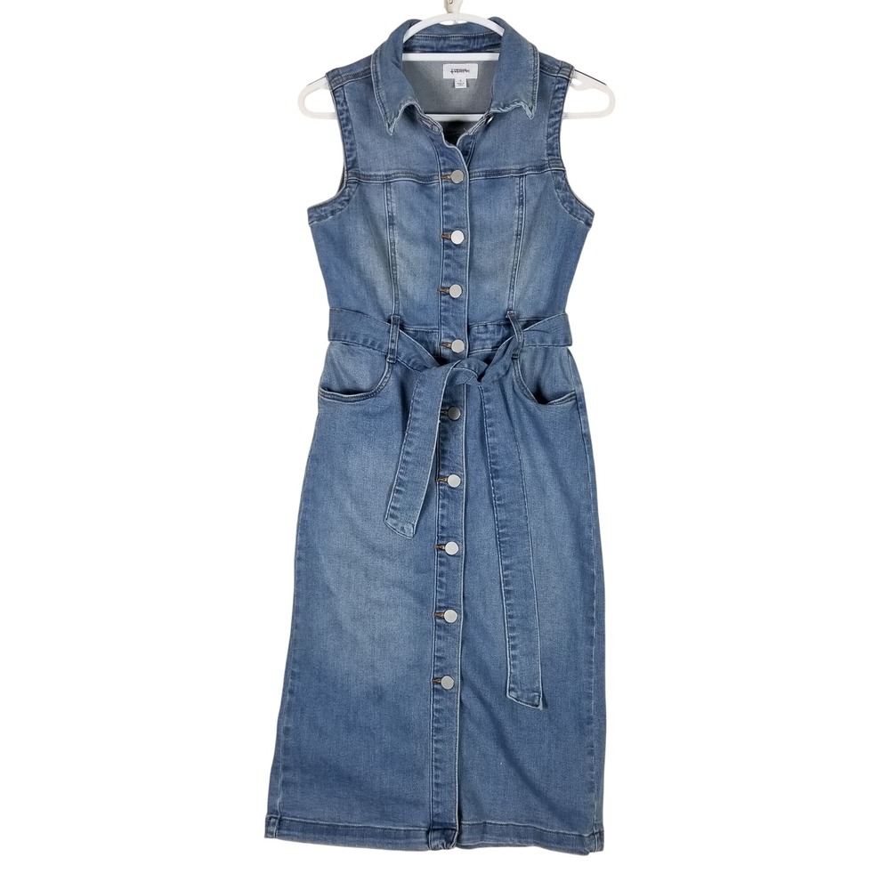 Evereve Denim Dress Women Small Blue Sleeveless Belted Button Front 01M-7249EE